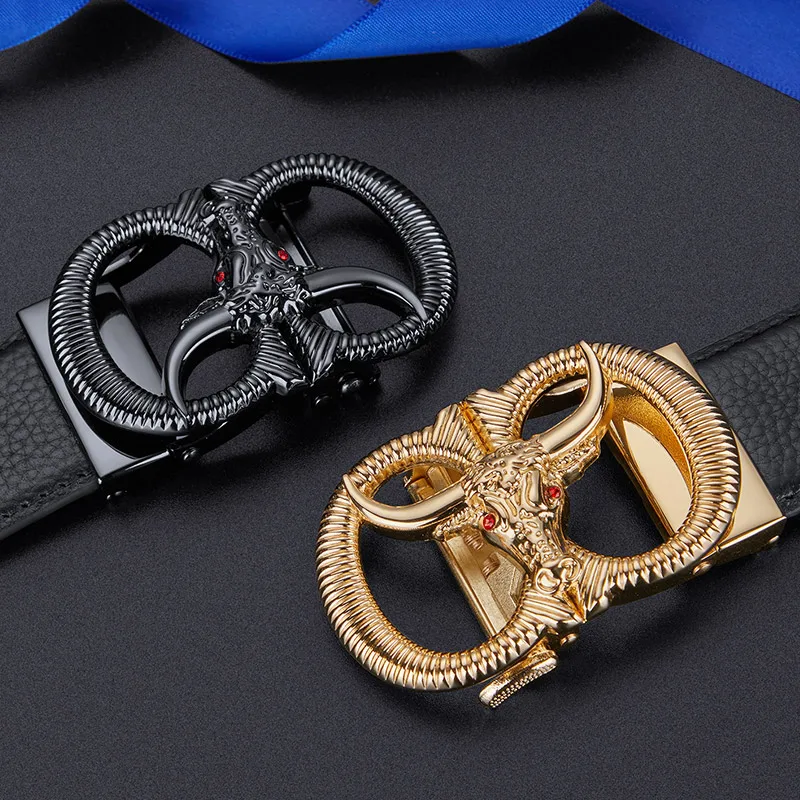 Luxury Mens Ratchet Dress Belt With Bull Head Buckle