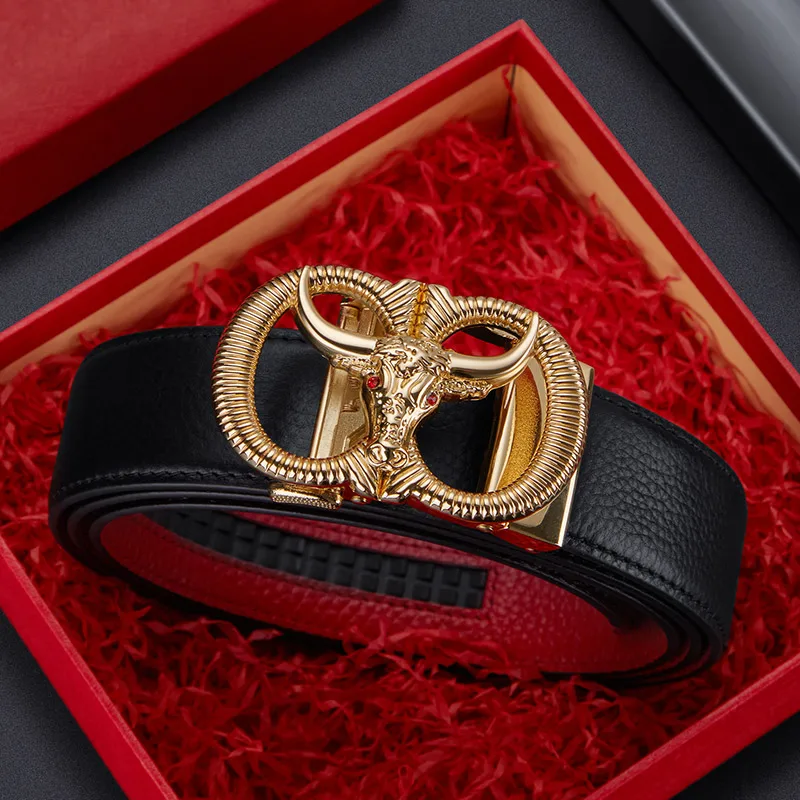 Luxury Mens Ratchet Dress Belt With Bull Head Buckle