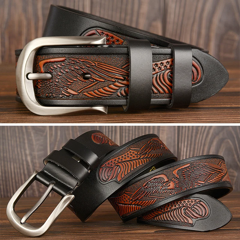 Western Engraved Leather Belt with Single Prong Buckle