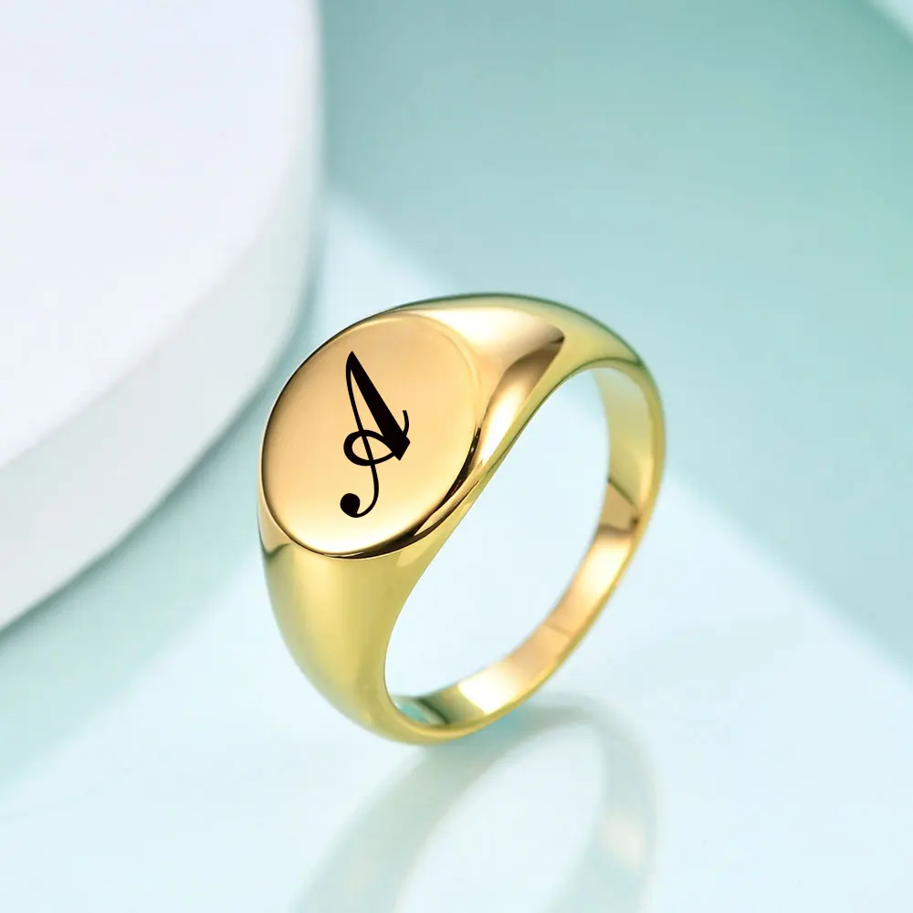 Stainless Steel Round Initial Alphabet Rings