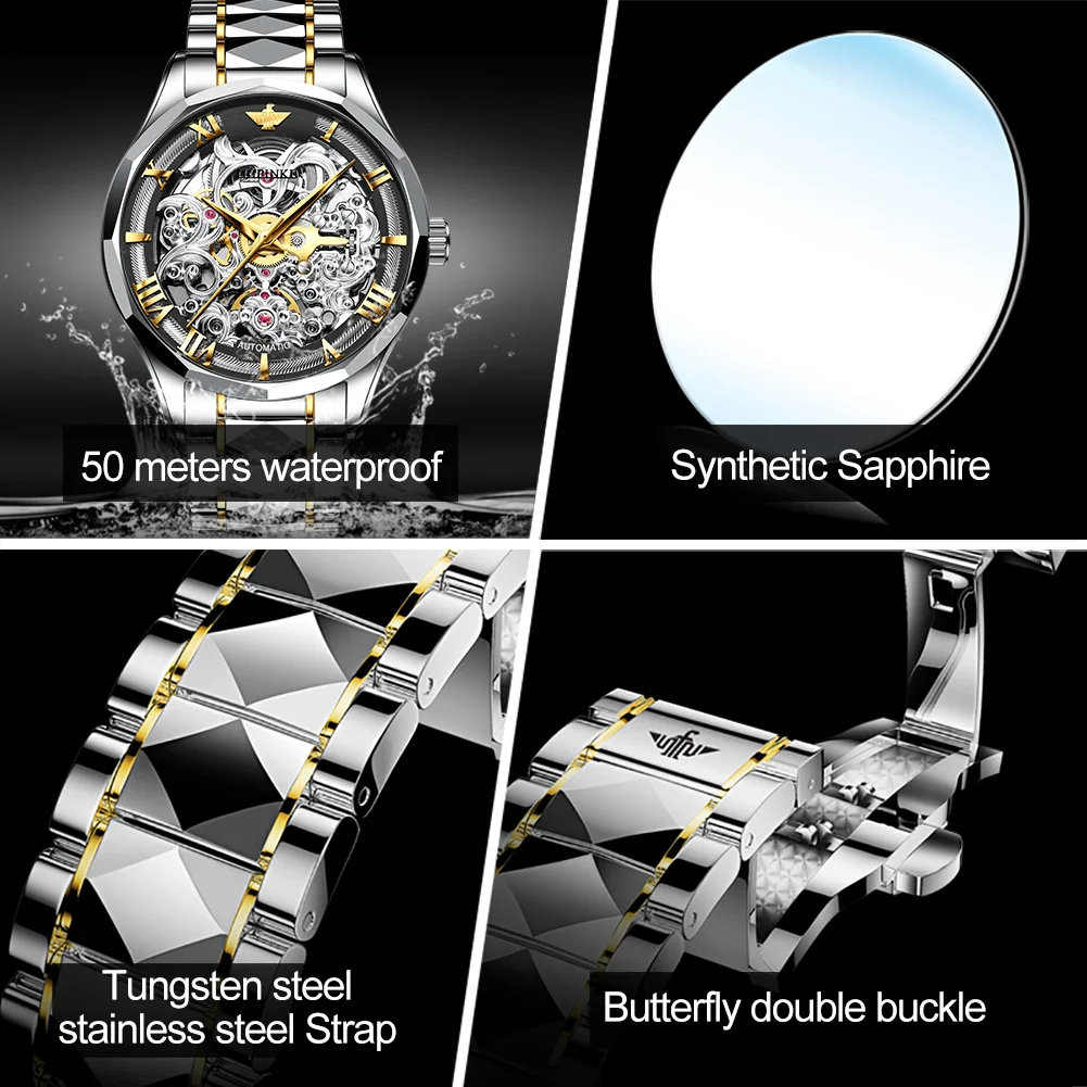 OUPINKE Mens Automatic Mechanical Watches Tungsten Steel