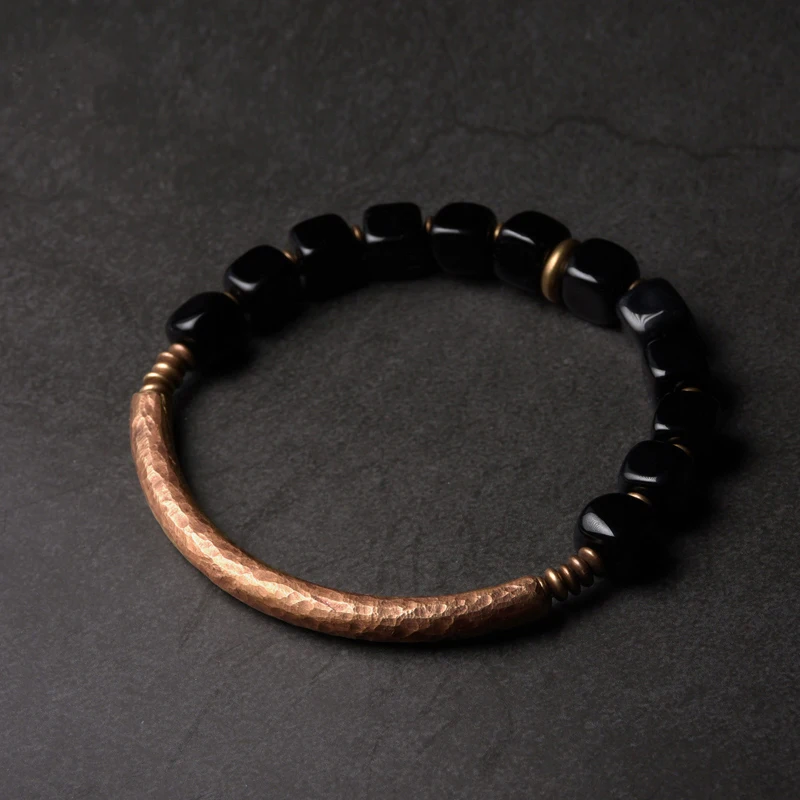Black Obsidian Bracelet With Antique Copper
