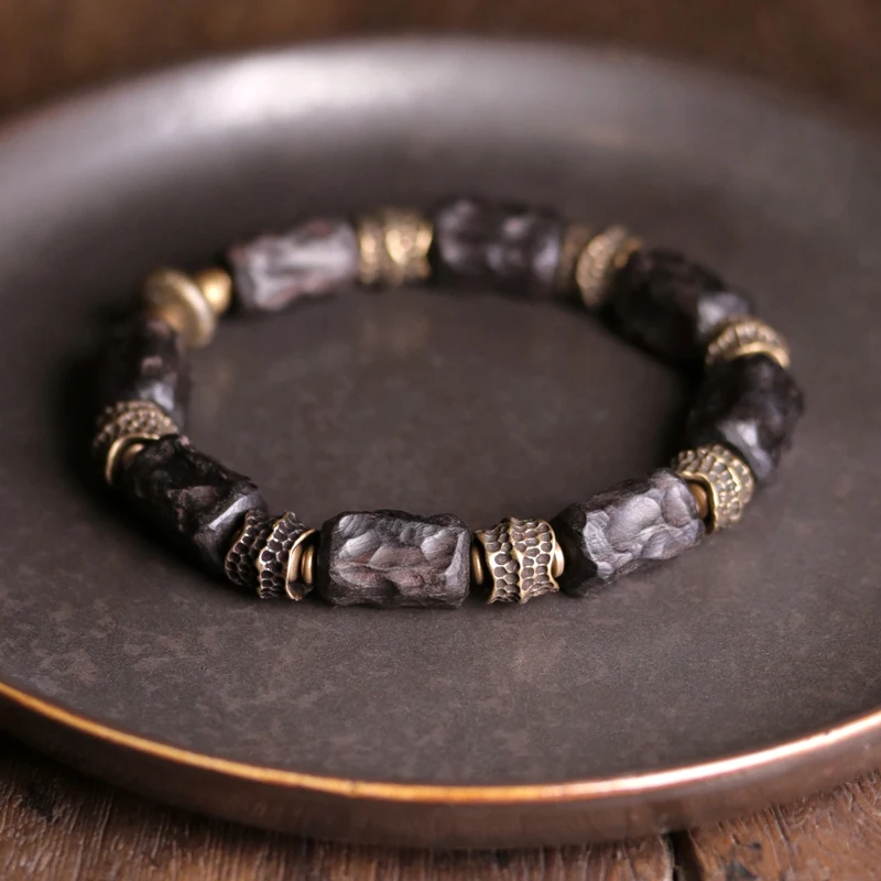Hammered Copper Black Wood Vintage Bracelet