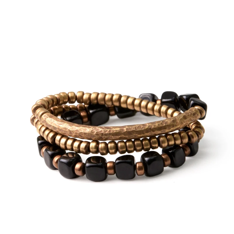 Black Onyx Beads Multilayer Bracelet Hammered Copper