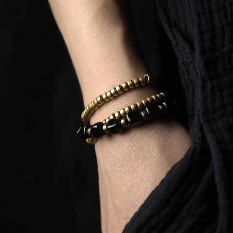 Black Onyx Beads Multilayer Bracelet Hammered Copper