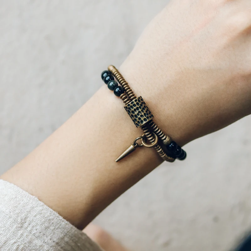 Rainbow Eye Black Obsidian Beads Bracelet Hammered Brass