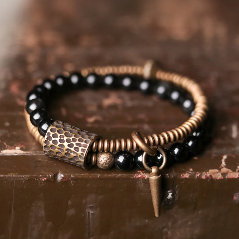 Rainbow Eye Black Obsidian Beads Bracelet Hammered Brass