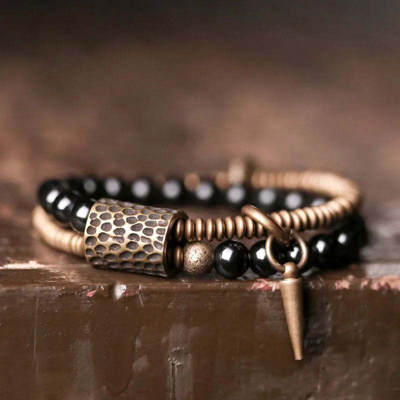Rainbow Eye Black Obsidian Beads Bracelet Hammered Brass