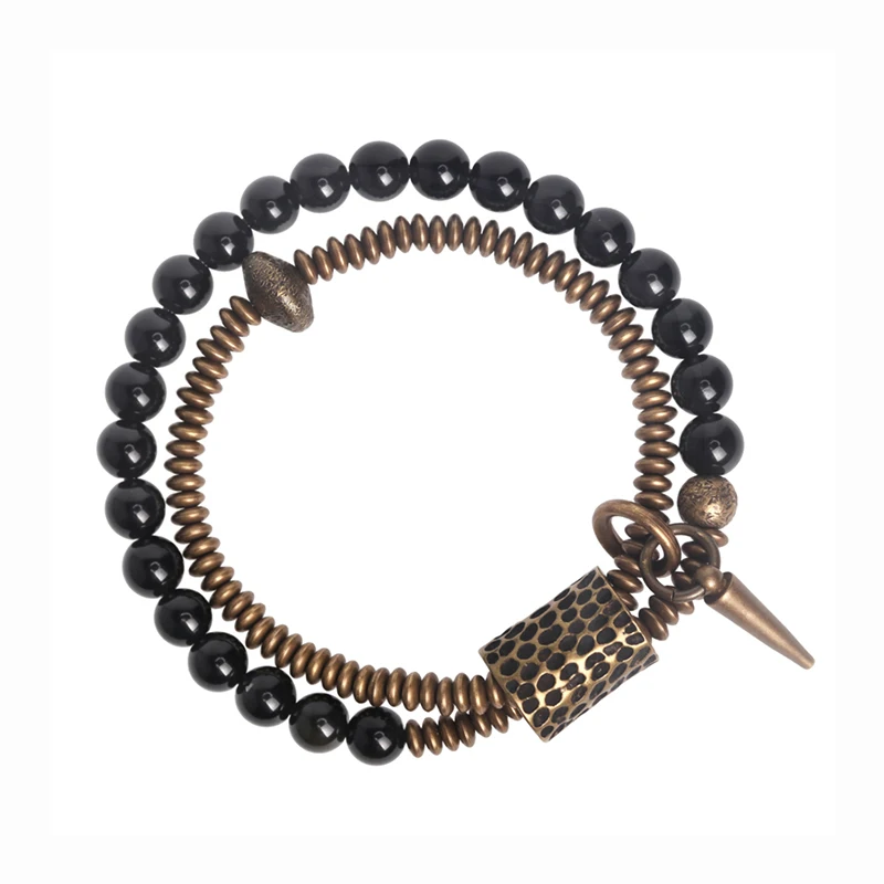 Rainbow Eye Black Obsidian Beads Bracelet Hammered Brass