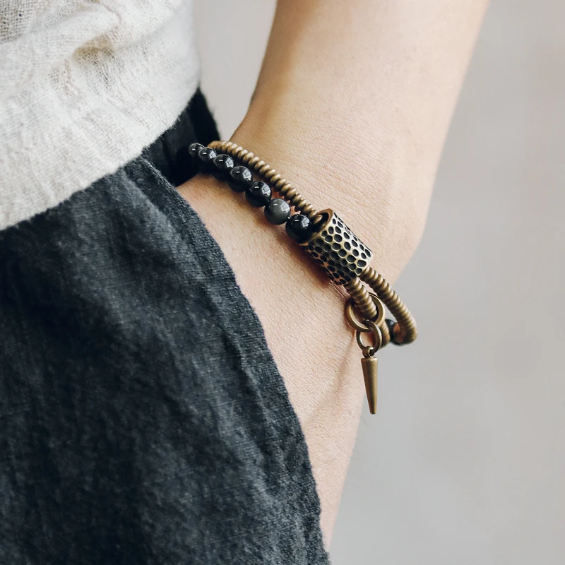 Rainbow Eye Black Obsidian Beads Bracelet Hammered Brass
