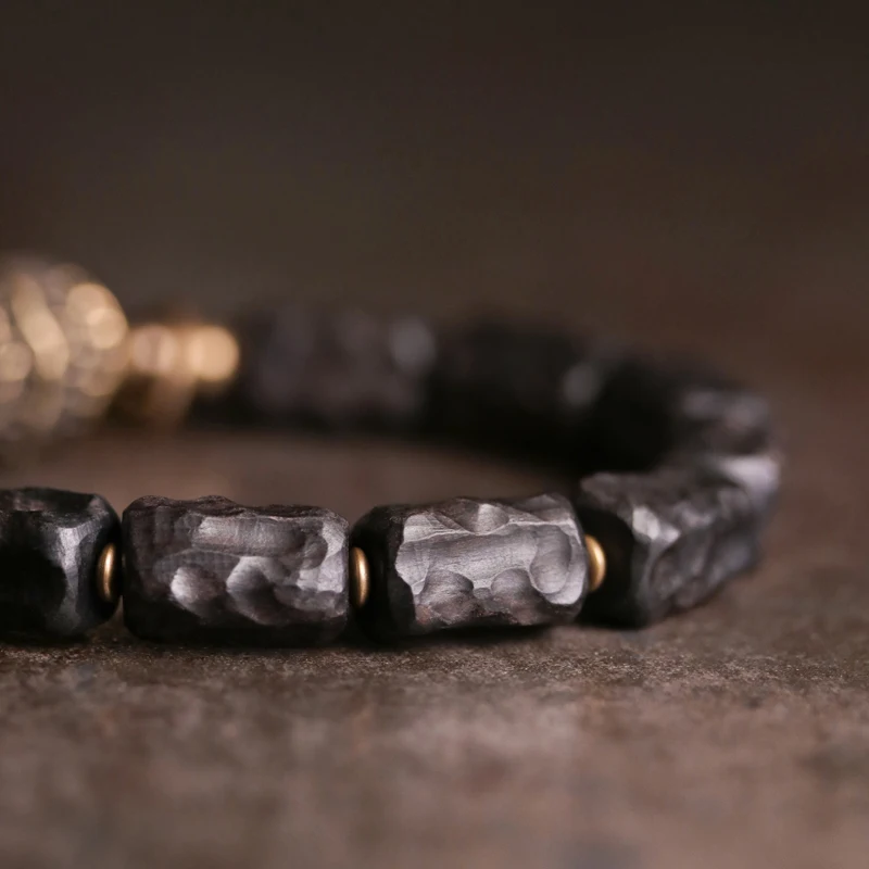 Ebony Hand Carved Beads Bracelet Brass Charm