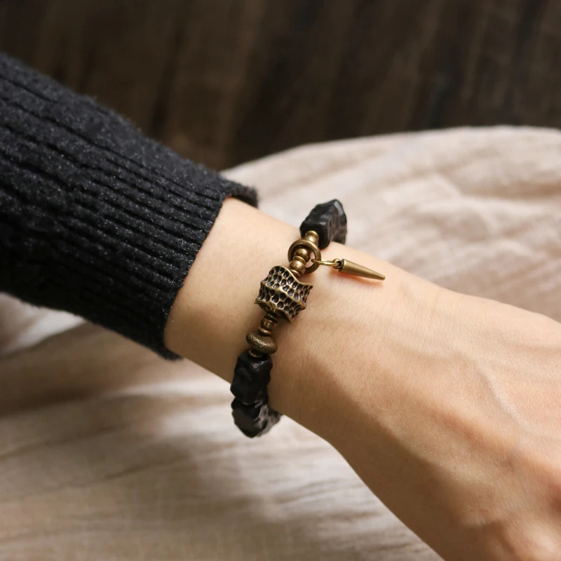 Ebony Hand Carved Beads Bracelet Brass Charm
