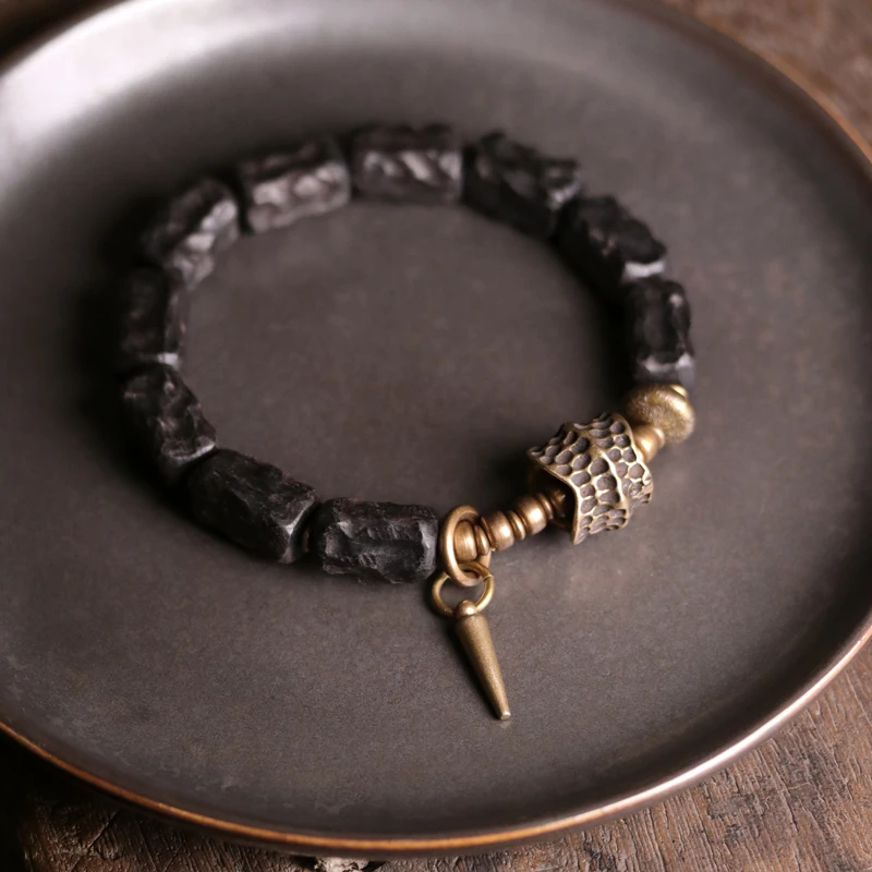 Ebony Hand Carved Beads Bracelet Brass Charm