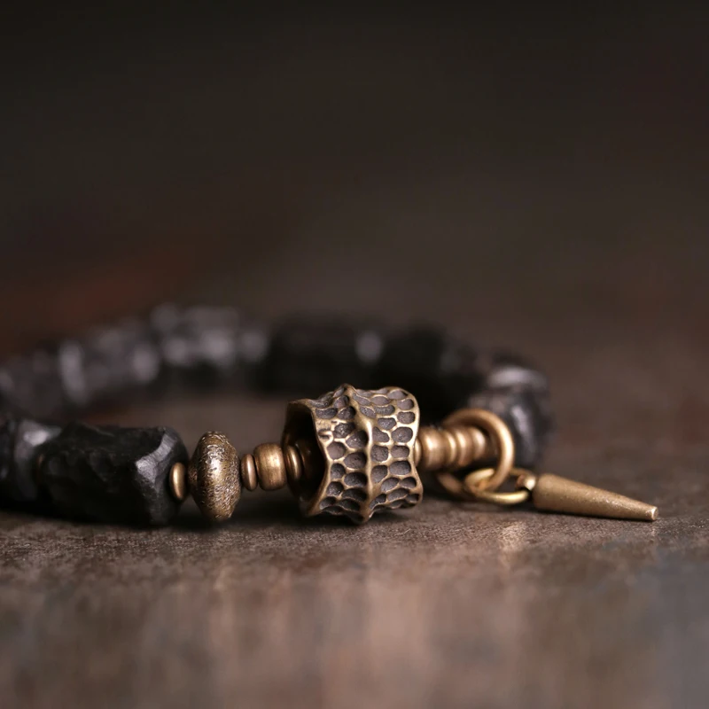 Ebony Hand Carved Beads Bracelet Brass Charm