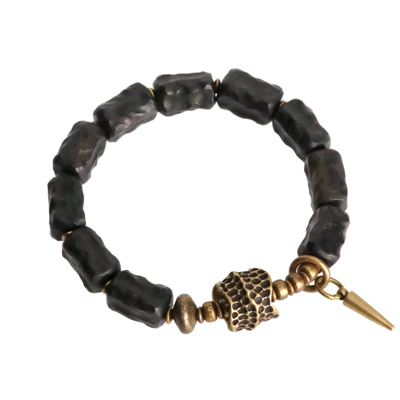Ebony Hand Carved Beads Bracelet Brass Charm
