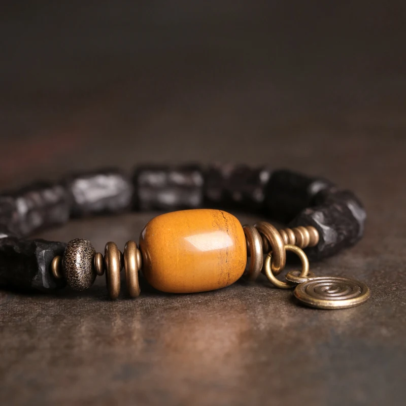 Hand Carved Strip Ebony Vintage Copper Bracelet