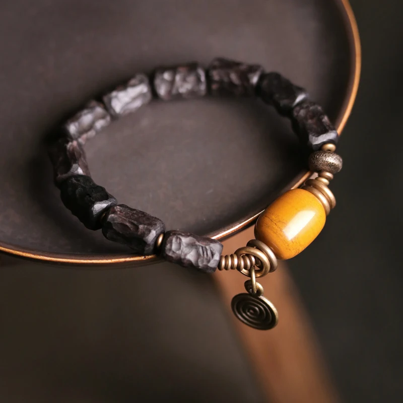 Hand Carved Strip Ebony Vintage Copper Bracelet