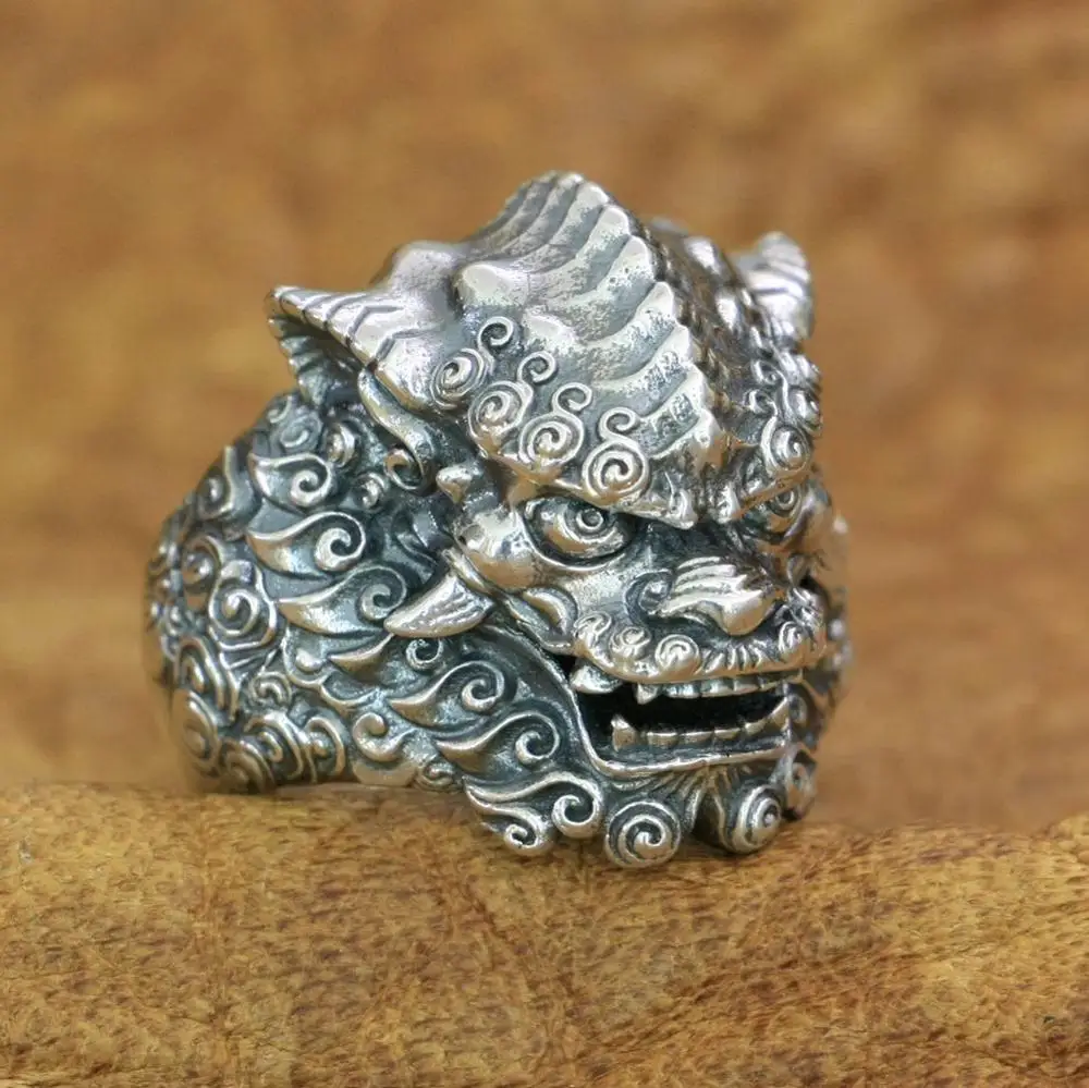925 Sterling Silver Chinese Lion Ring