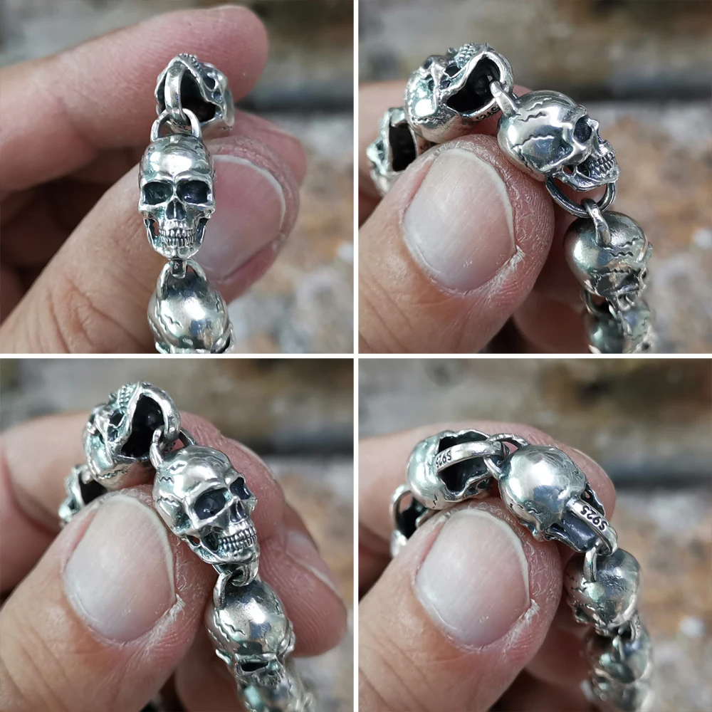 925 Sterling Silver Detailed Skull Heads Chain Necklace