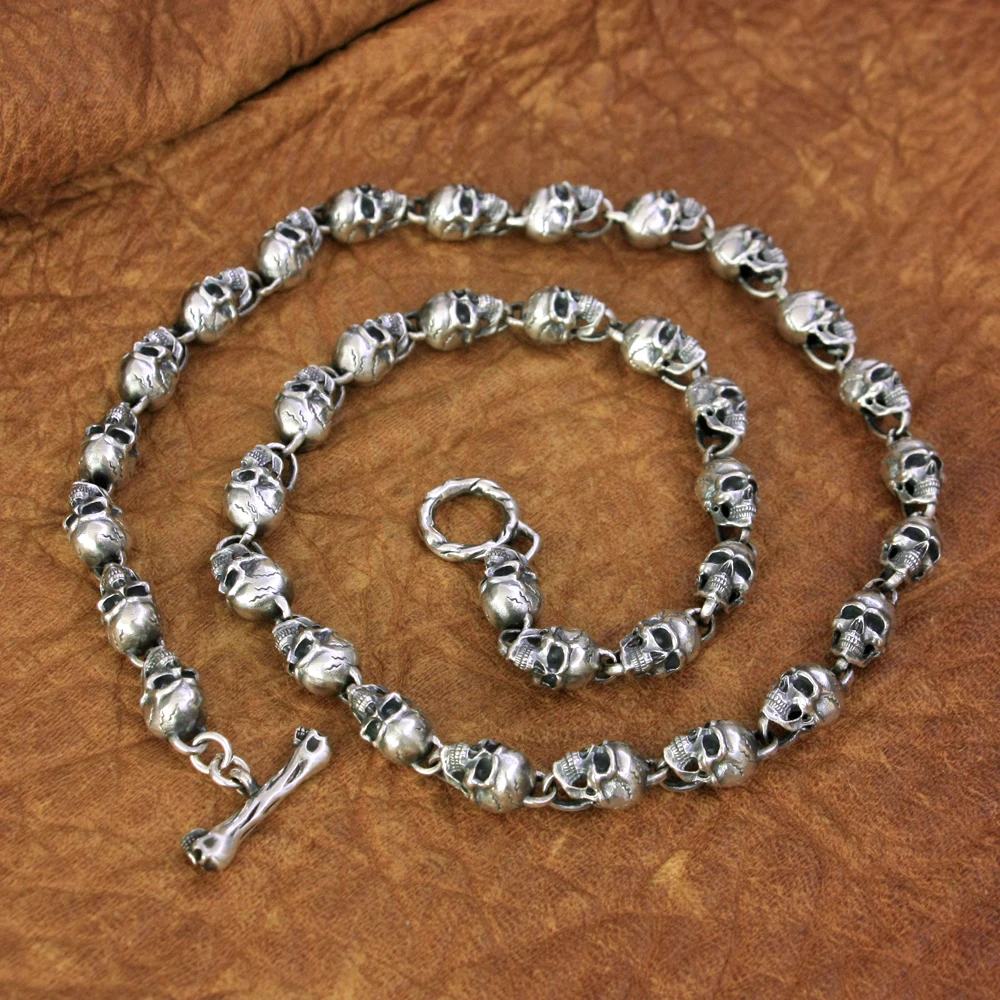 925 Sterling Silver Detailed Skull Heads Chain Necklace