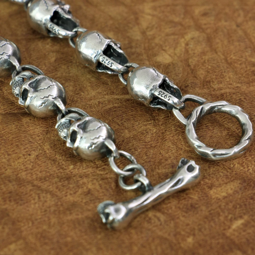 925 Sterling Silver Detailed Skull Heads Chain Necklace