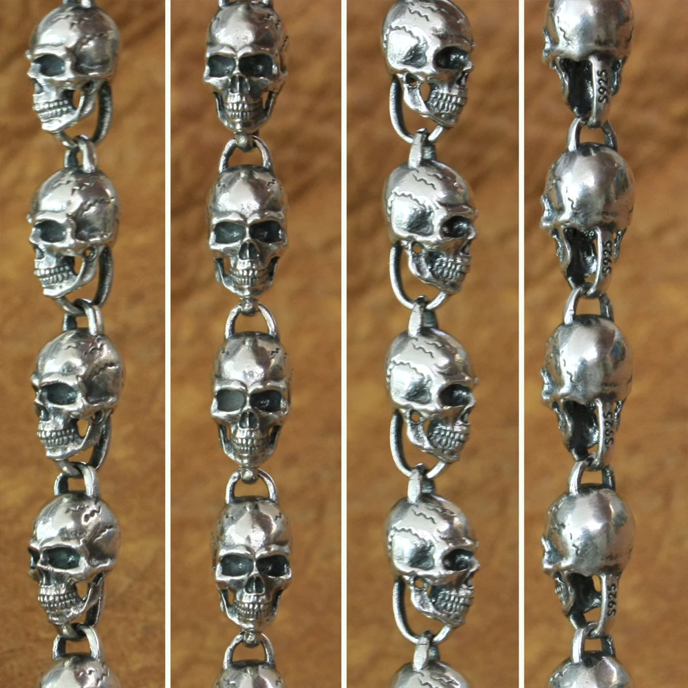 925 Sterling Silver Detailed Skull Heads Chain Necklace