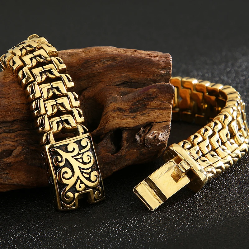 Golden Stainless Steel Men's Bracelets 16mm Wide