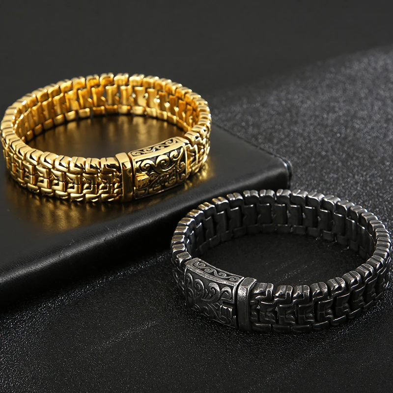 Golden Stainless Steel Men's Bracelets 16mm Wide