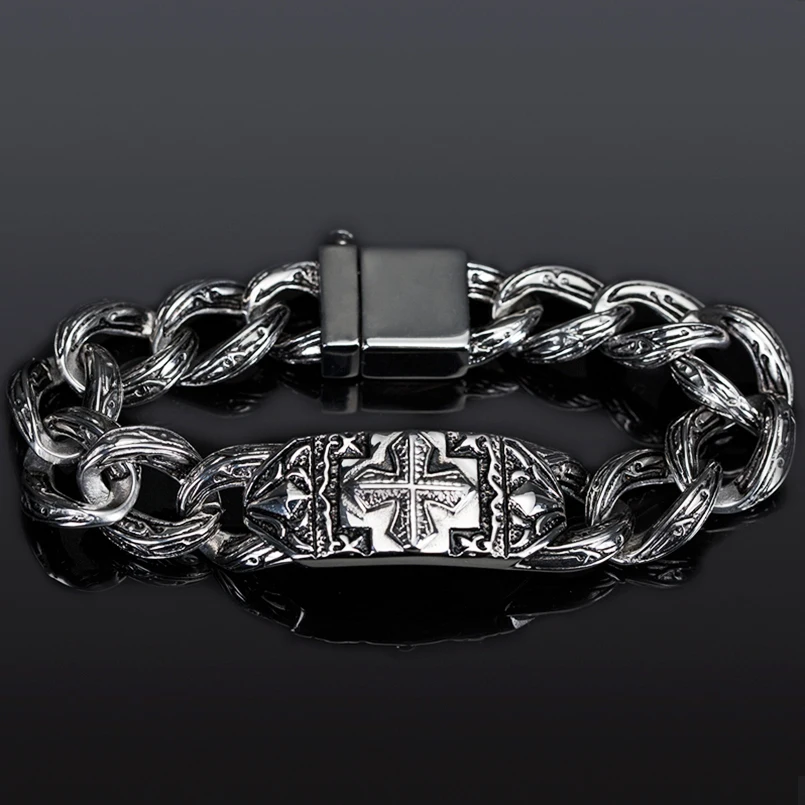 17mm Men's Vintage Stainless Steel Cross Bracelet