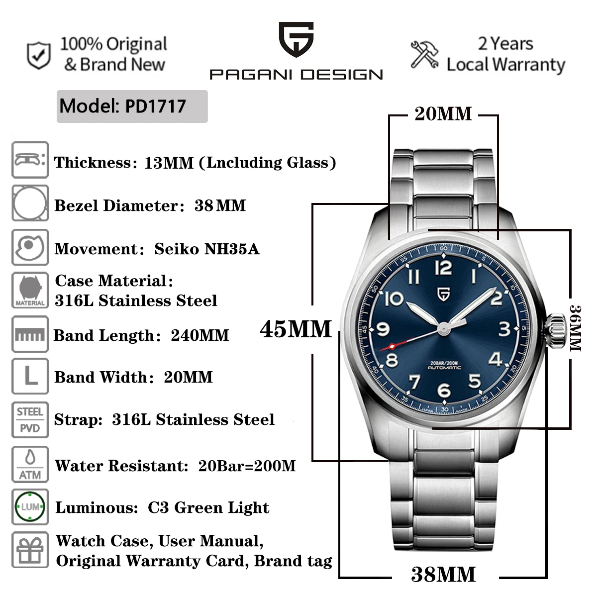 38mm Men's Pilot Automatic Mechanical Watch