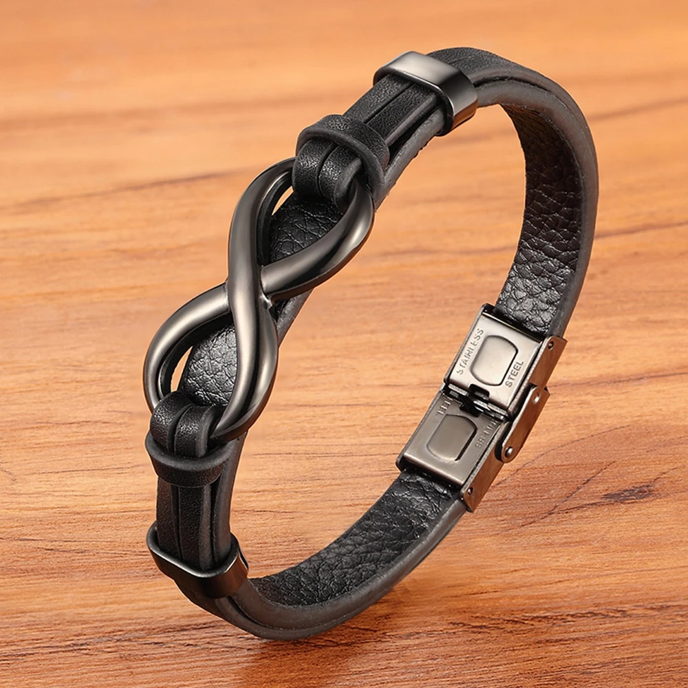 Men's Brown Black Leather Infinity Bracelet