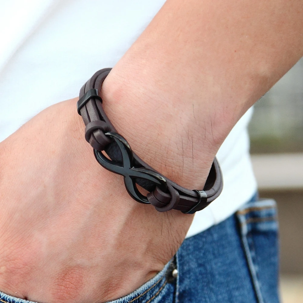 Men's Brown Black Leather Infinity Bracelet