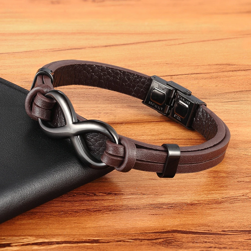 Men's Brown Black Leather Infinity Bracelet