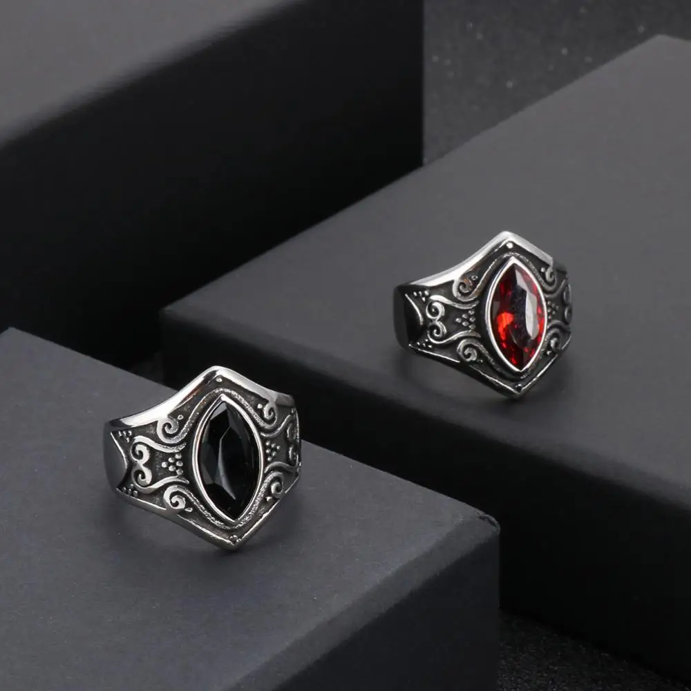 Vintage Stainless Steel Ring with Black Red White Zircon