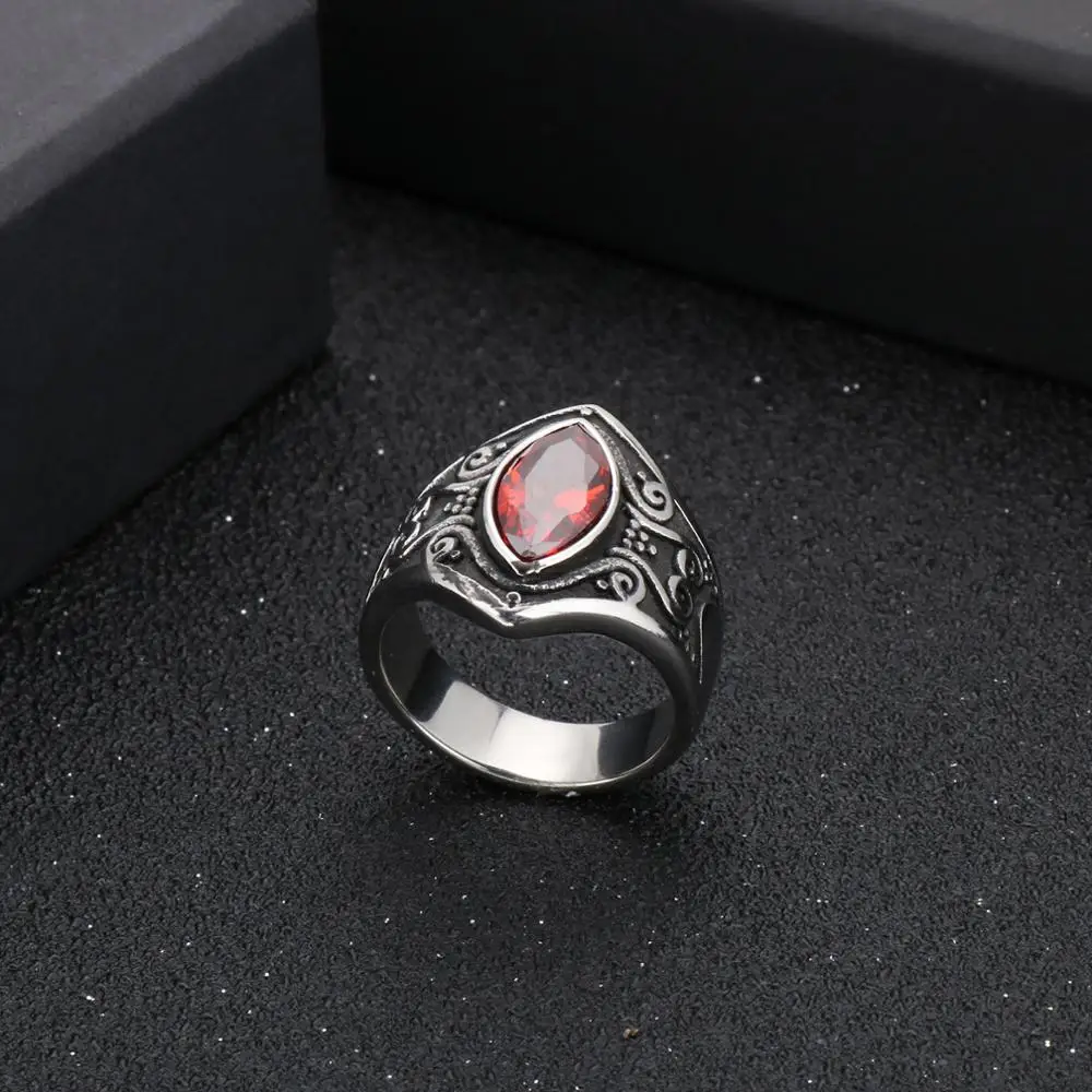 Vintage Stainless Steel Ring with Black Red White Zircon