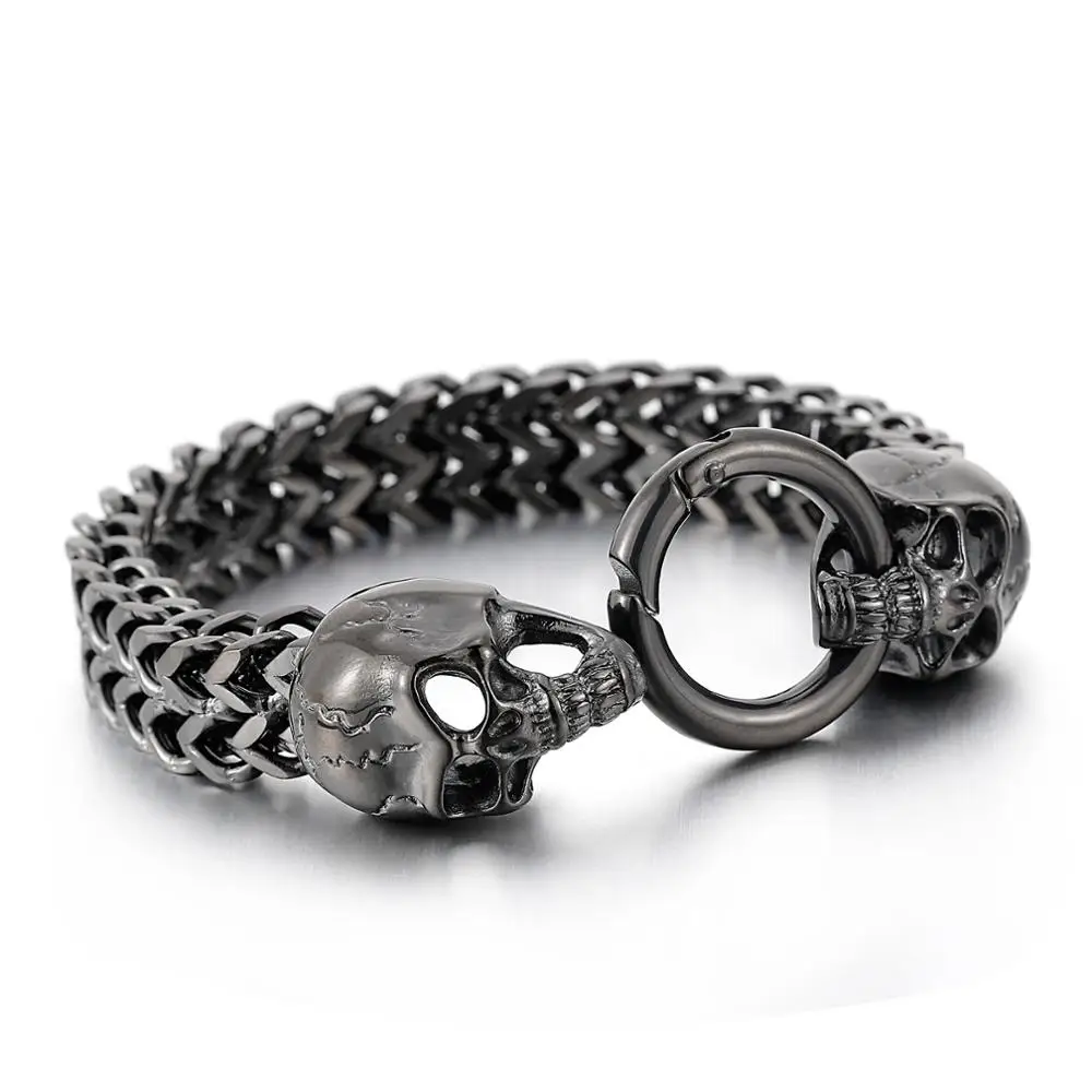 Stainless Steel Skull Heads Franco Link Curb Chain Bracelet