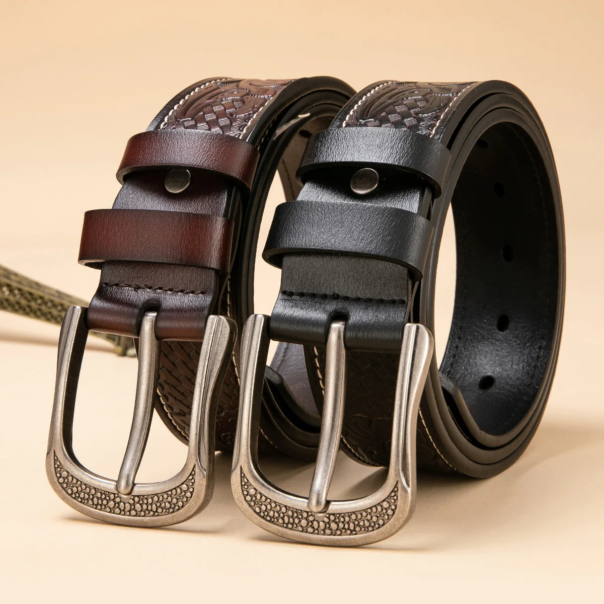 Leather Western Embossed Belt with Prong Buckle