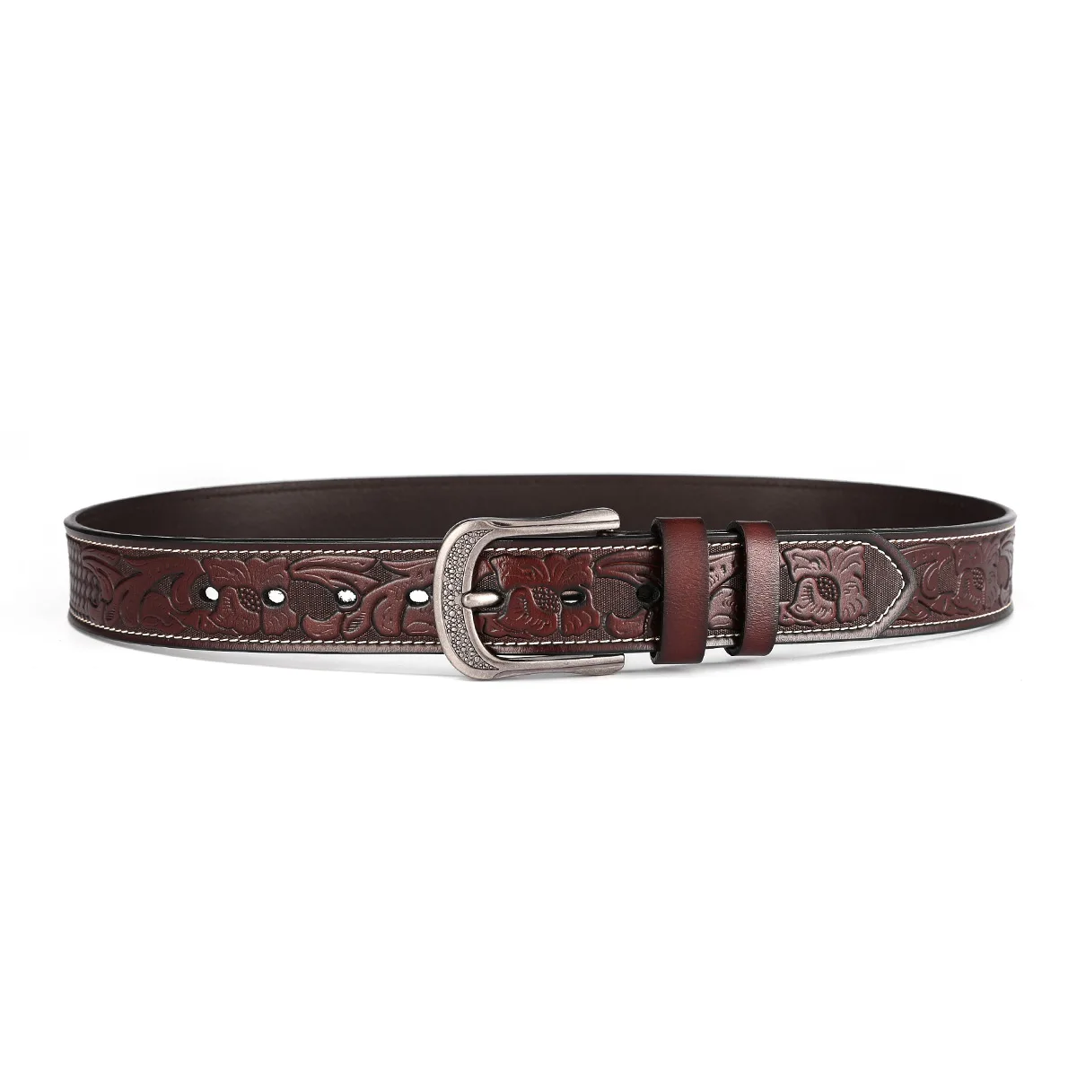 Leather Western Embossed Belt with Prong Buckle