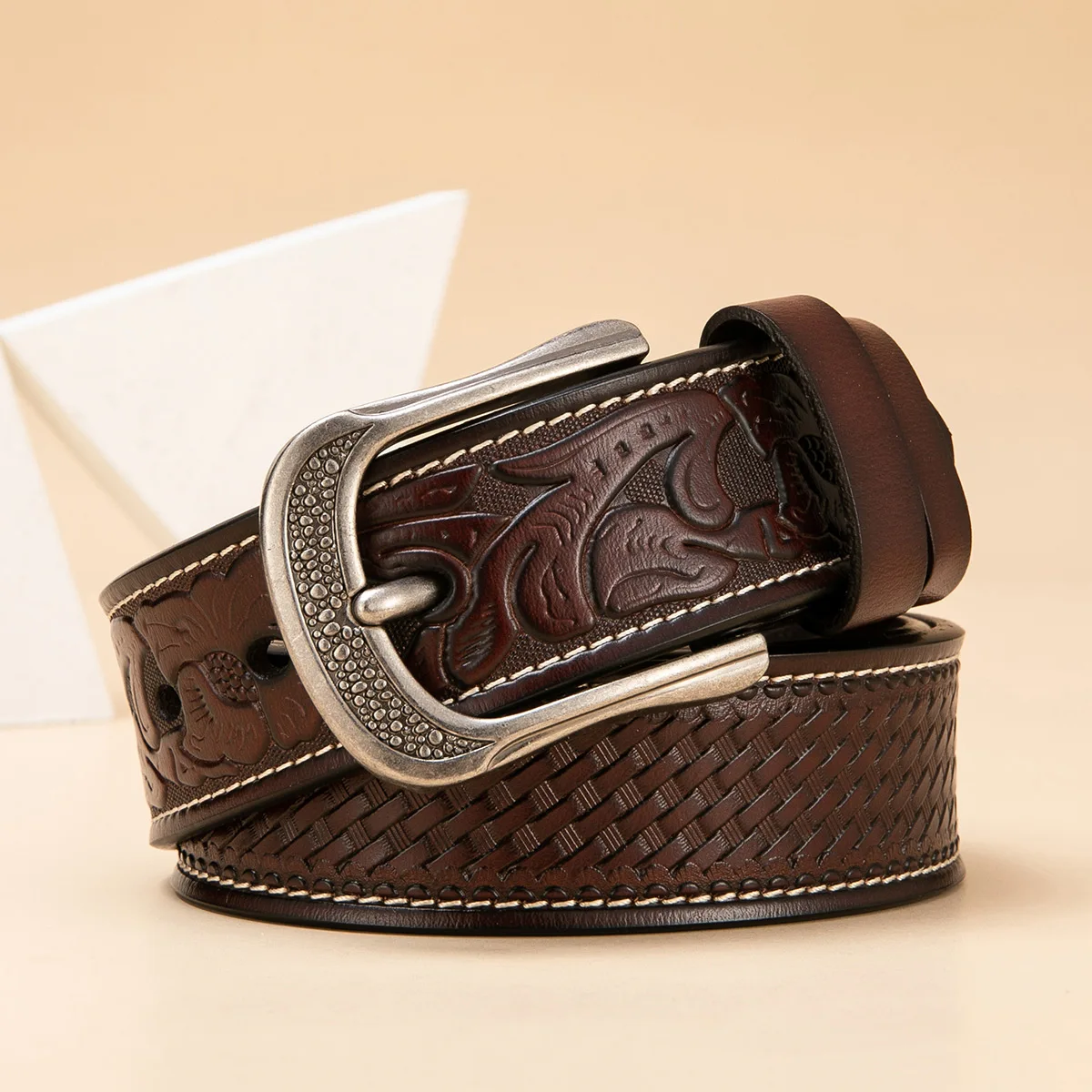 Leather Western Embossed Belt with Prong Buckle
