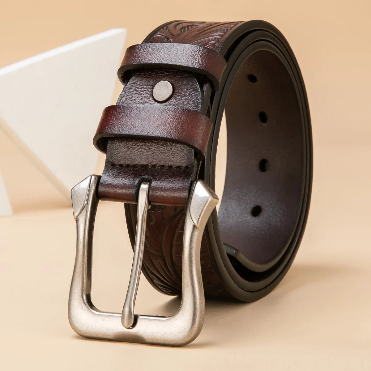Leather Western Embossed Belt with Prong Buckle