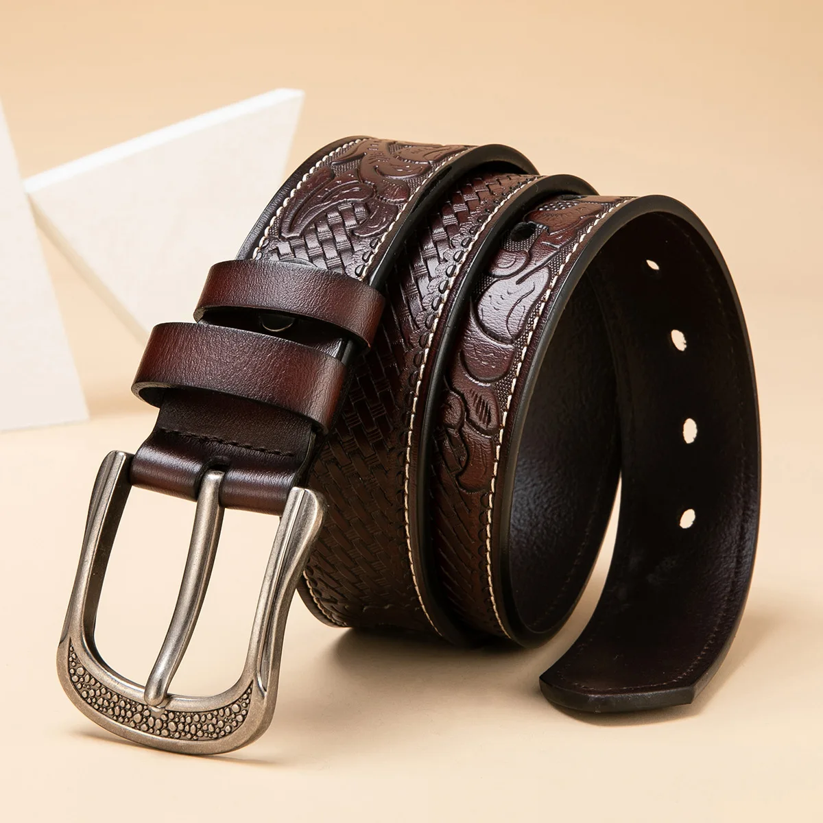 Leather Western Embossed Belt with Prong Buckle