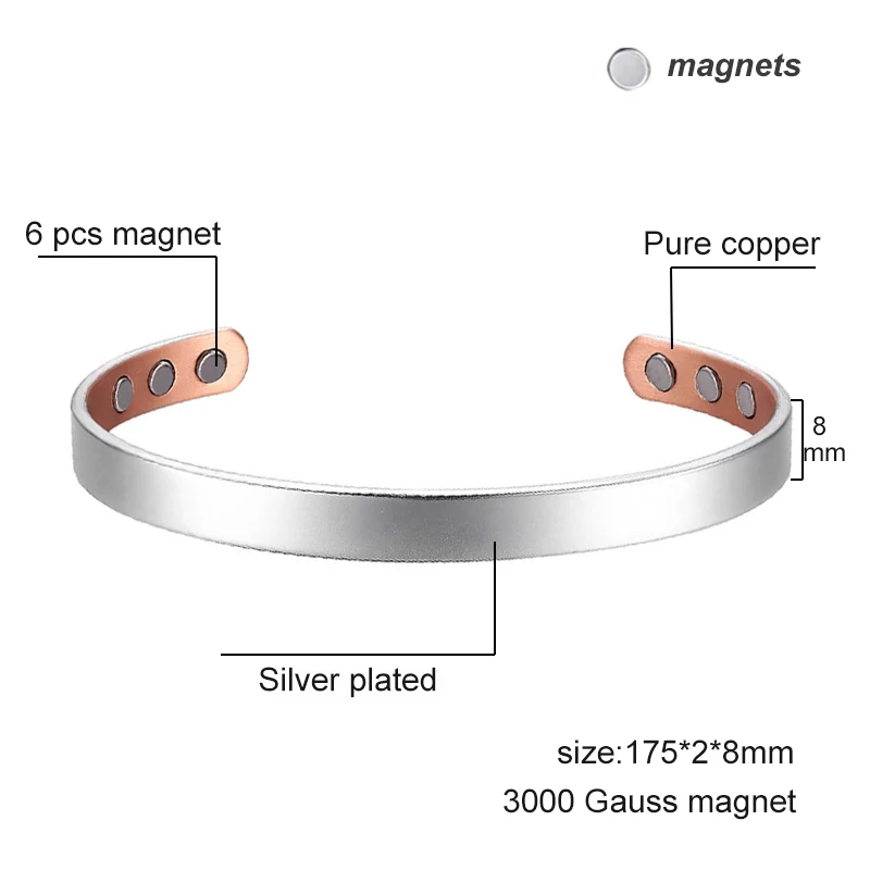 White Plated Copper Magnetic Cuff Bracelet for Men Women