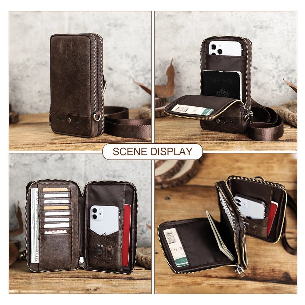 Leather Phone Passport Holder Sling Bag for Men Women