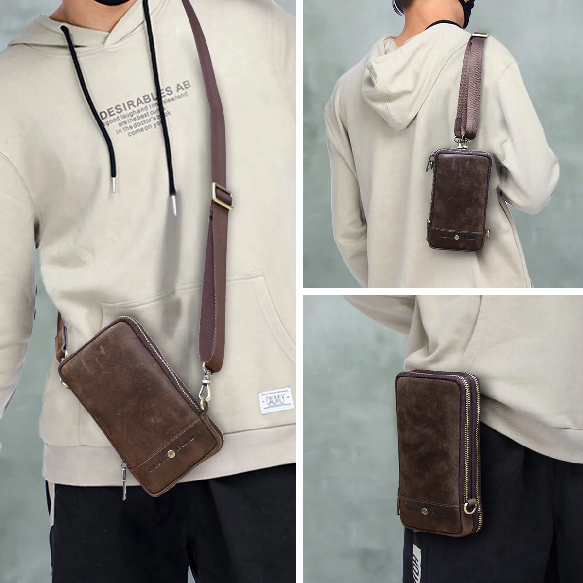 Leather Phone Passport Holder Sling Bag for Men Women