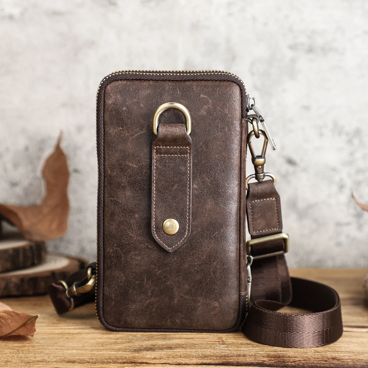 Leather Phone Passport Holder Sling Bag for Men Women