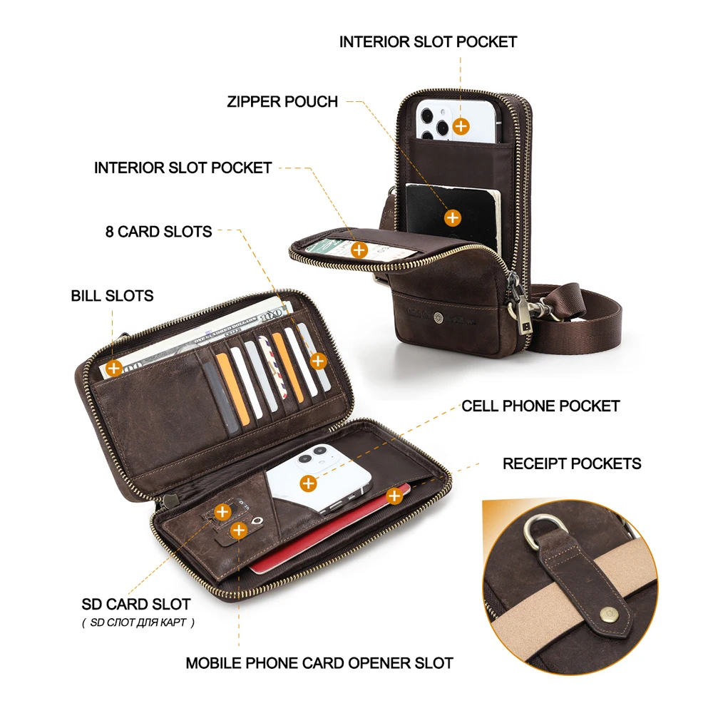 Leather Phone Passport Holder Sling Bag for Men Women