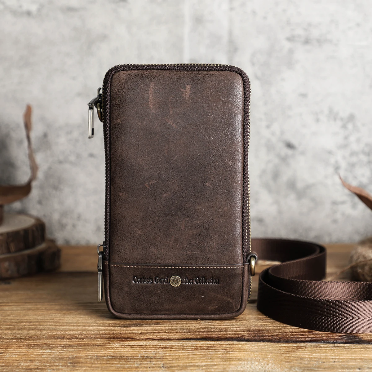 Leather Phone Passport Holder Sling Bag for Men Women