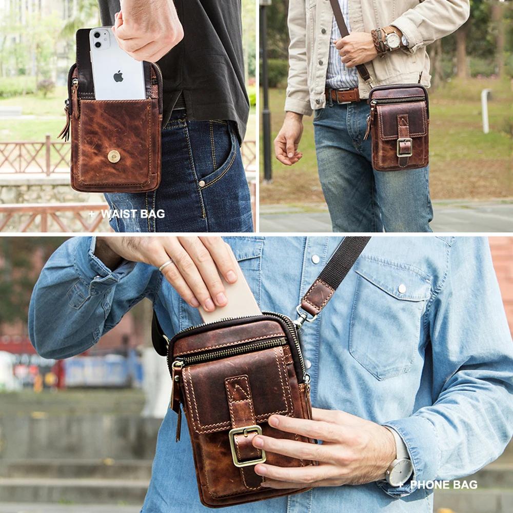 Leather Mens Phone Pouch Bag Hiking Cycling Keychain