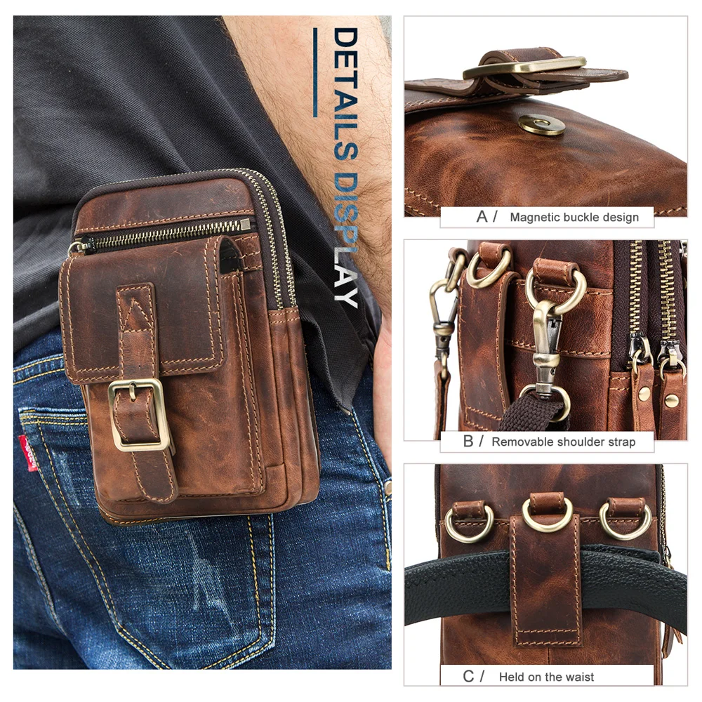 Leather Mens Phone Pouch Bag Hiking Cycling Keychain