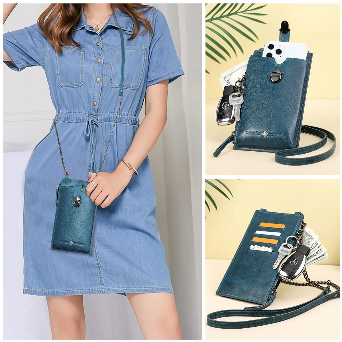 Womens Genuine Leather Small Cell Phone Purse